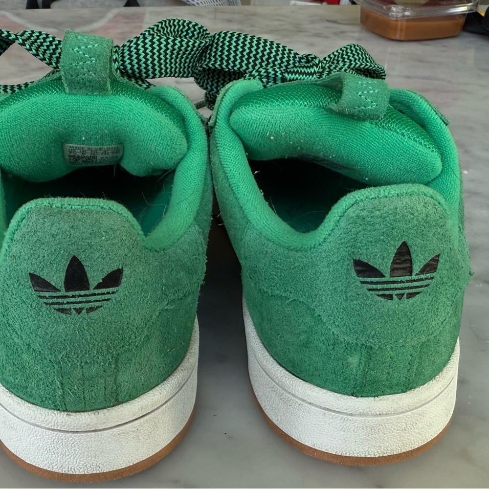 adidas Campus Green Suede Sneakers with White Stripes and Gum Sole - Picture 5 of 7